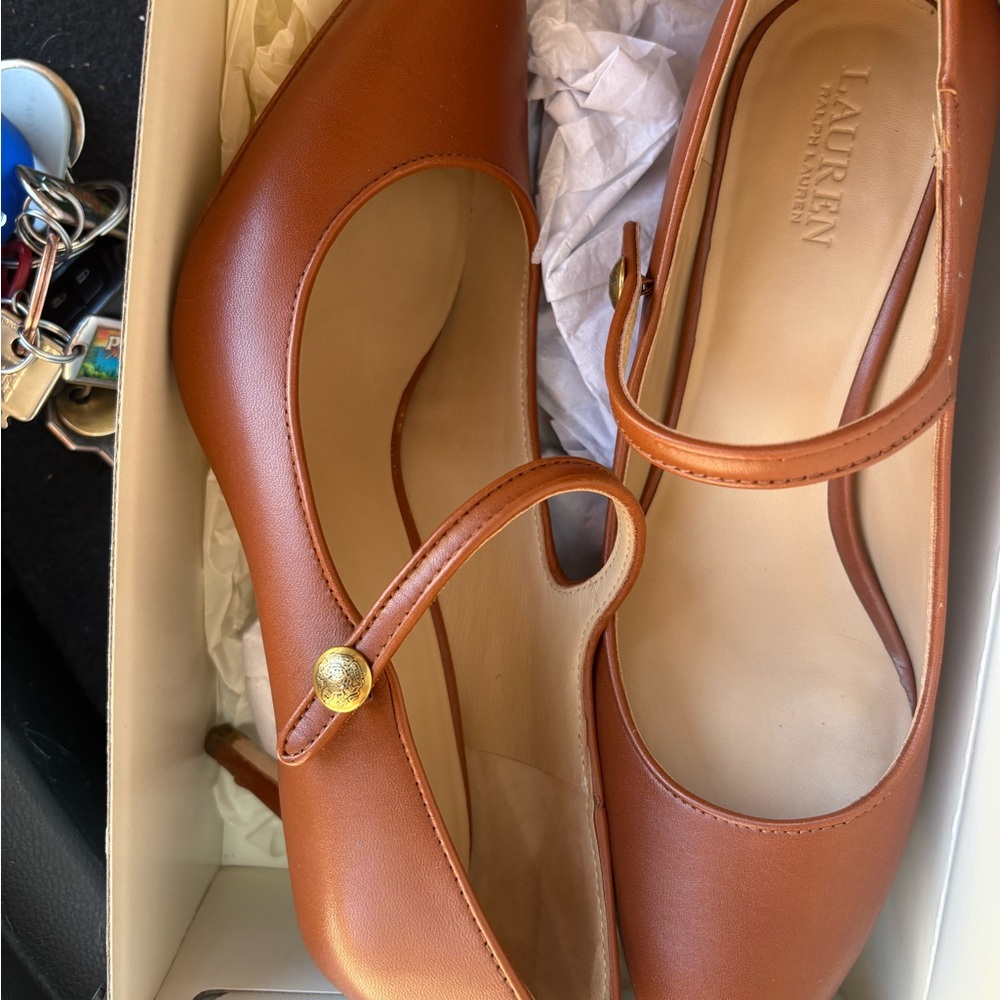 Ralph Lauren Tan Leather Mary Jane Flats with Gold Button